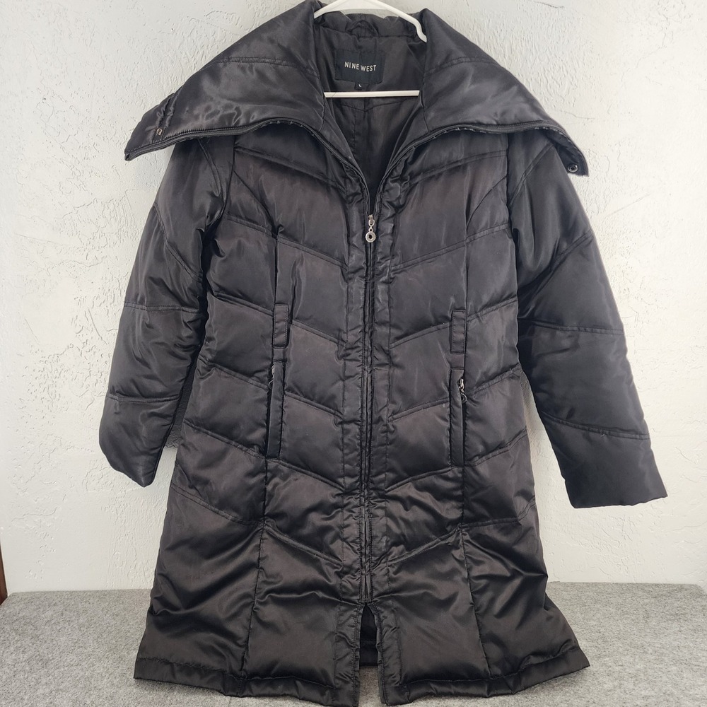 Nine West Black Down Feather Puffer Coat Quilted Winter Jacket Womens Large